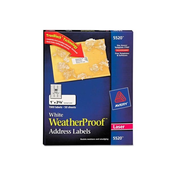 Avery Avery® White Weatherproof Laser Shipping Labels, 1 x 25/8, 1500/Pack 5520 Zoro